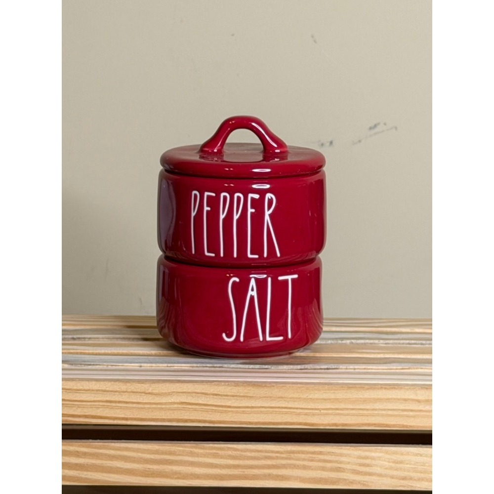 1126. Rae Dunn Red Salt and Pepper Cellar Stackable Set with Lid